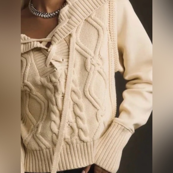 ANTHROPOLOGIE Pilcro Cable Laced Twofer Sweater Creme Size Large Neutral Lace up - Picture 4 of 14